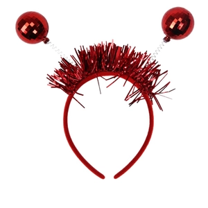 Christmas headband with red disco balls on springs and festive tinsel on white background