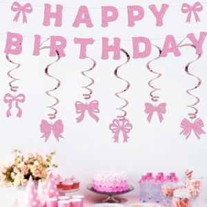 Pink glitter Happy Birthday banner set with swirls and bows for party decor