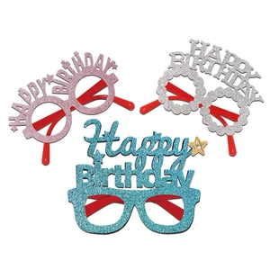 Three colorful glitter Happy Birthday party glasses for kids celebration in red frames