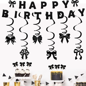 Black Glitter Happy Birthday Banner Set With Bowknot Hanging Swirls And Cake Toppers Party Decorations For Kids Birthday