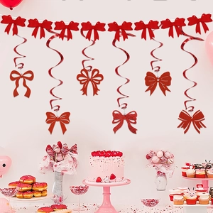 Sparkly red glitter bow party banner and hanging swirls kit for birthday celebration