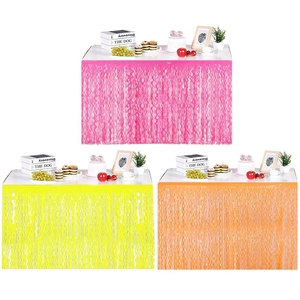 Neon macaron fringe table skirt set for Halloween party decor in pink yellow and orange