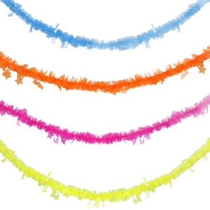 Colorful Christmas star tinsel garlands in blue orange pink and yellow for tree decoration