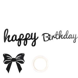 Black glittery Happy Birthday banner set with bow and twine for party decorations