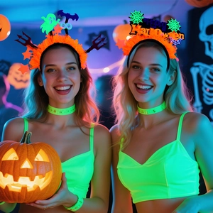 Fluorescent Halloween headband with colorful feathers and neon ghost spider web decor