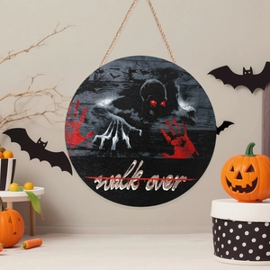 Halloween wooden door sign featuring a spooky skull and blood handprints with a rope hanger