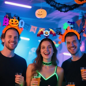Neon Halloween headbands with glowing pumpkin, bat, and ghost motifs for party props