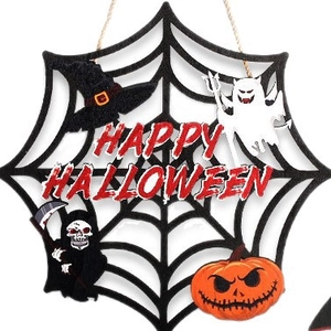 Halloween spider web door sign with Happy Halloween text and festive hanging decor