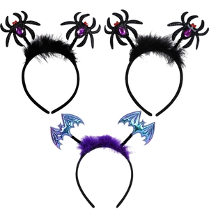Halloween shiny leather bat and spider headbands with purple feathers and gemstone details