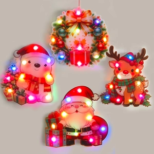 Détails de quatre ornements de Noël à LED avec motifs Père Noël, renne, ours et couronne