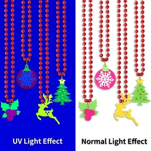 Fluorescent Christmas Necklace For Kids Party Cartoon Plastic Bead Chain With Felt Pendant Santa Reindeer Xmas Tree Gift