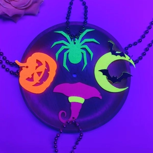 Neon Halloween necklace set with fluorescent pumpkin, bat and witch felt pendants