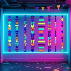 Neon party felt garland set with fluorescent stars hearts and notes for birthday decoration