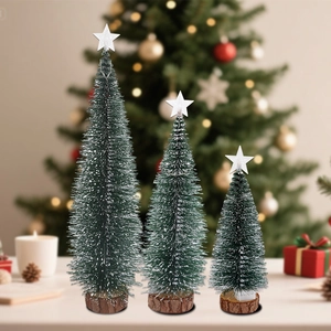 Set of 3 mini artificial cedar Christmas trees with white snow flocking and wood base