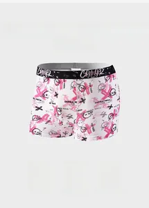 Close-up of breathable ice silk men's boxers with pink and black graffiti bear pattern