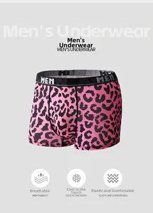 Breathable ice silk men's boxer briefs featuring vibrant pink leopard print and elastic waistband