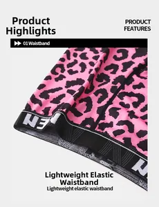 Close-up of lightweight black elastic waistband with MEN lettering on leopard print boxers