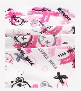 Close-up of ice silk fabric featuring pink bear patterns and Pink Trend graffiti lettering