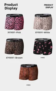 Multiple views of men's leopard and tiger print ice silk boxer briefs with elastic waistband