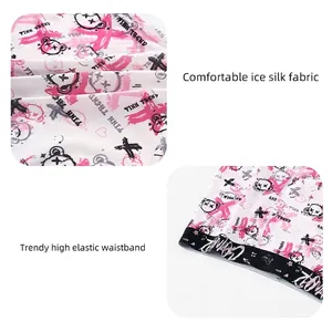 Men's breathable ice silk boxer briefs with pink graffiti trend and bear pattern