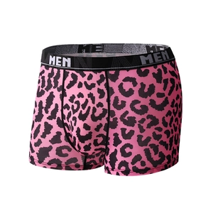 Men's breathable leopard print ice silk boxer briefs with pink pattern and elastic waistband