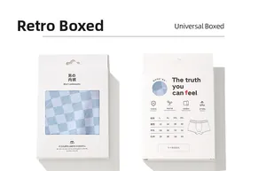Blue checkerboard cotton boxer shorts for teen boys with minimalist gift box packaging