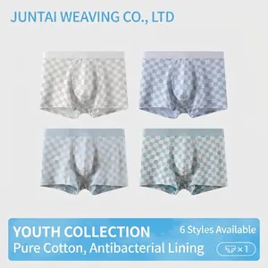 Cotton Men Boxer Briefs For Teenagers Students Breathable Knitted Geometric Checkerboard Patterns Comfortable Daily Underwear