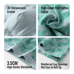 Teen boys pure cotton boxer briefs with green geometric pattern and 3D pouch design