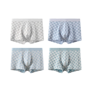 Set of four cotton boxer briefs for boys in checkered patterns of grey, purple, blue, and green