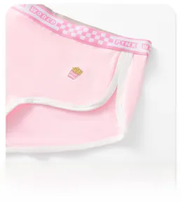 Detail of pink cotton panties with fries embroidery and PINK WORLD lettered waistband
