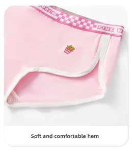 Close-up of pink cotton panties with French fries embroidery and PINK WORLD waistband