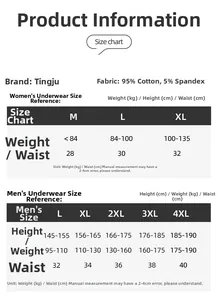 Detailed size guide for cotton underwear sets for men and women showing material info