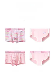 Matching couple underwear set with pink cotton boxers and panties featuring bear prints