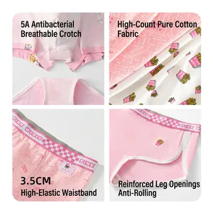 Pink cartoon cotton girls panties with 5A antibacterial crotch and elastic waistband