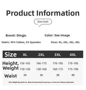 Detailed size chart for men's cotton boxers showing measurements from XL to 4XL sizes