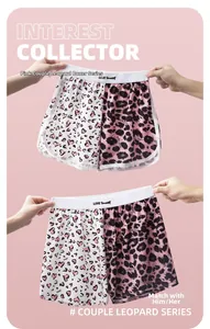 Detail of pink leopard and heart print couple loungewear shorts with logo waistband