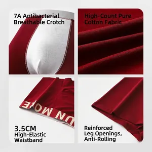 Men's red cotton boxer briefs with 7A grade antibacterial breathable crotch detail