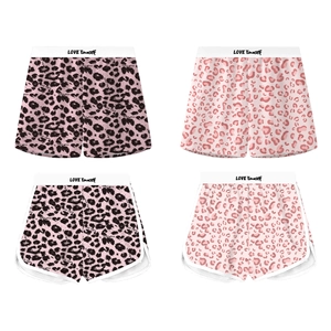 Pink leopard print boxer shorts for women featuring LOVE Yourself elastic waistband