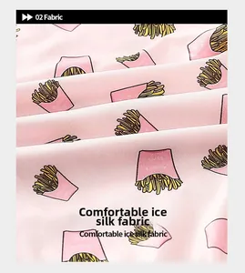 Detailed view of pink ice silk fabric with cute cartoon french fries pattern and texture