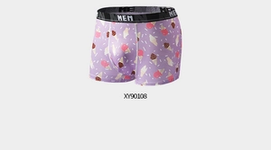 Detailed close-up of men's lavender ice cream print boxers with a black MEN elastic waistband