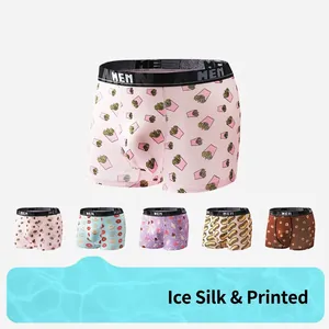 Boxers pour Hommes en Soie de Glace Mignon Imprimé Nourriture Cartoon Taille Moyenne Respirant Sous-vêtements Doux Boxers Sportifs Homme