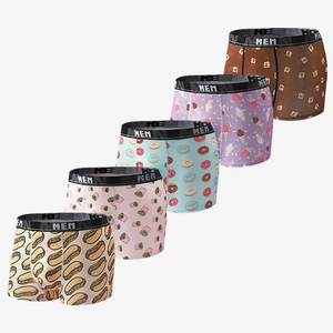 Five pack of breathable men's boxer briefs with cartoon food prints on a white background