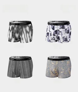 Men's ice silk boxer briefs set featuring four unique patterns with branding on waistband
