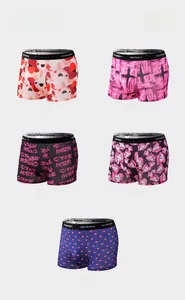 Detailed grid of five ice silk men's boxer briefs with diverse prints and elastic waistbands