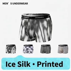 Men Breathable Ice Silk Boxer Briefs Comfortable Polyester Underwear With High Elastic Waistband Letter Print Trunks