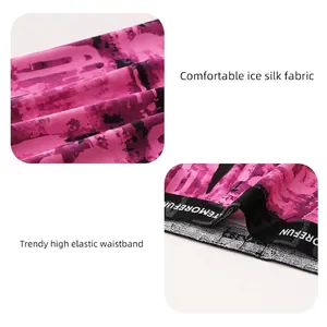 Pink camo ice silk men's boxer briefs with breathable fabric and elastic logo waistband