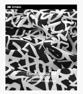 Close-up of breathable ice silk fabric with black and white abstract graffiti print