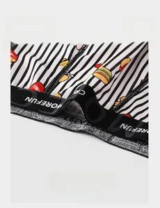 Detail of men's striped boxer briefs featuring burger prints and elastic MOREFUN waistband