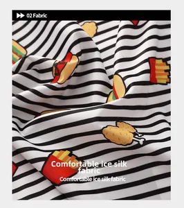 Detailed view of breathable ice silk fabric with cartoon fast food prints and stripes