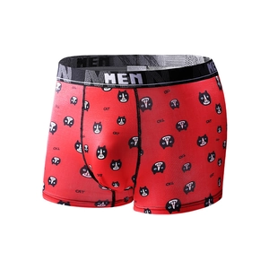Red men's ice silk boxer briefs featuring a cat print and wide elastic waistband